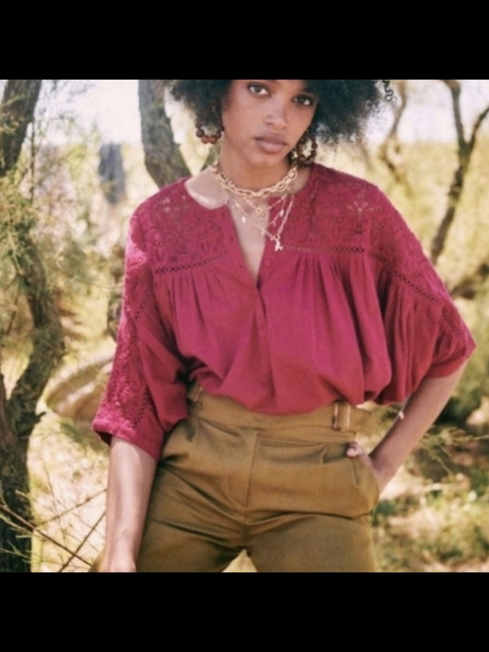 Sezane Raspberry Lace Yoke Blouse